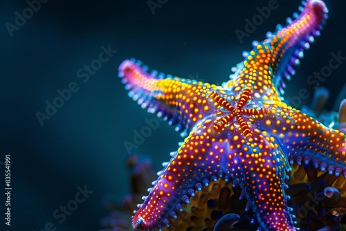 mesmerizing starfish glowing in neon colors dark background abstract underwater photography