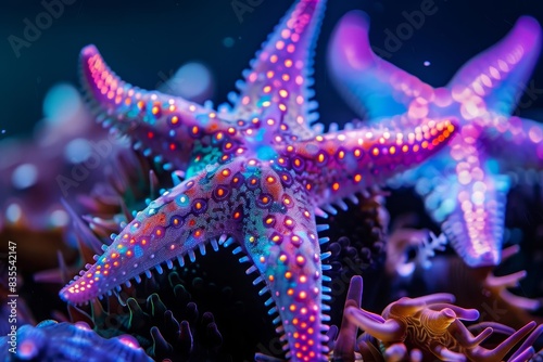 mesmerizing starfish glowing in neon colors dark background abstract underwater photography © Lucija