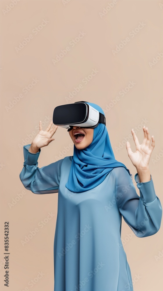 Young amazed arabian muslim woman she wear abaya hijab clothes watch vr headset pc gadget isolated on plain background. People uae middle eastern islam religious concept
Young amazed arabian muslim woman she wear abaya hijab clothes watch vr headset pc gadget isolated on plain background. People uae middle eastern islam religious concept