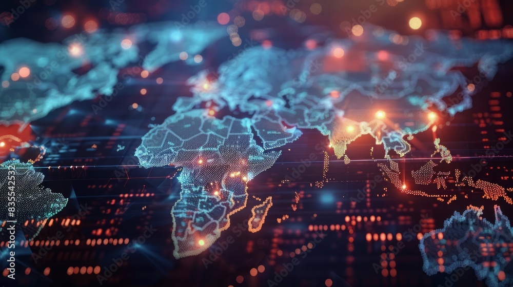 Digital map of world, concept of global network and connectivity, generative AI. Digital map of world, concept of global network and connectivity, generative AI.