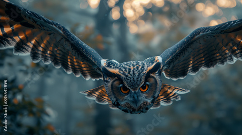 Majestic Owl in Flight in a Misty Forest