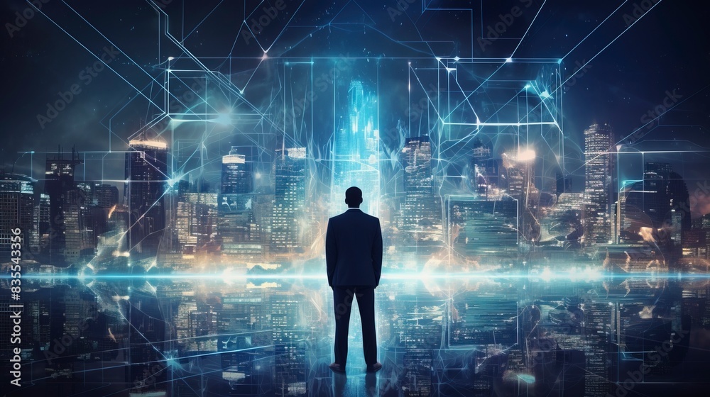 Business man on future network city, copy space, generative ai Business man on future network city, copy space, generative ai