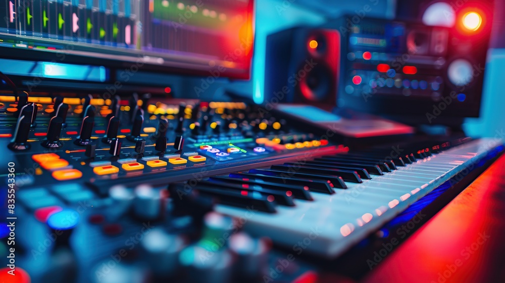 Modern Music Record Studio control desk with laptop screen, interface of a Digital Audio Workstation Modern Music Record Studio control desk with laptop screen, interface of a Digital Audio Workstation
