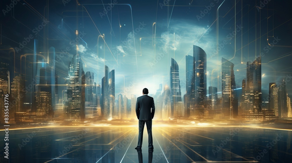 Business man on future network city, copy space, generative ai Business man on future network city, copy space, generative ai
