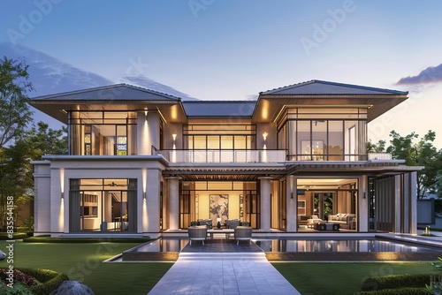 modern asianstyle villa with symmetrical design and warm evening light 3d rendering photo
