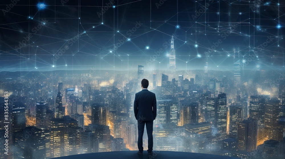 Business man on future network city, copy space, generative ai