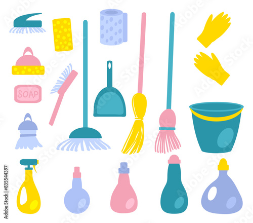 Cleaning tools and products vector clipart. Collection of housekeeping accessories in flat style. Hand drawn illustration isolated on white background.