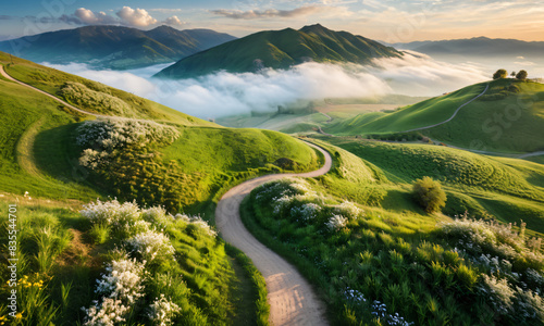 Serene Landscape Photography, Winding Path Through Rolling Hills at Sunset, Nature, Tranquility, Wildflowers