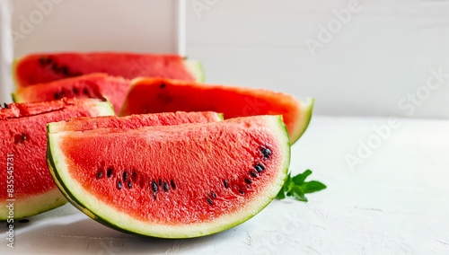 Fresh Watermelon Wedges With Vibrant Red Flesh And Black Seeds, Arranged On A Clean White Surface