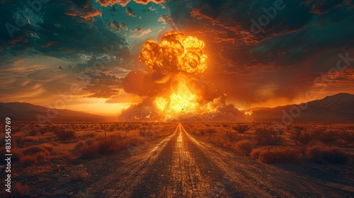 A huge, fiery explosion dominates the landscape in a remote desert setting, with the setting sun casting an eerie glow photo