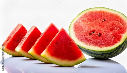 Several Triangular Watermelon Slices With Vibrant Red Flesh And Green Rind Arranged In A Line