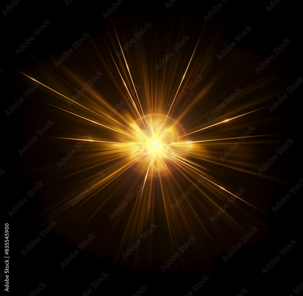 Fototapeta premium Beautiful optical golden lens flare burst isolated on a black background