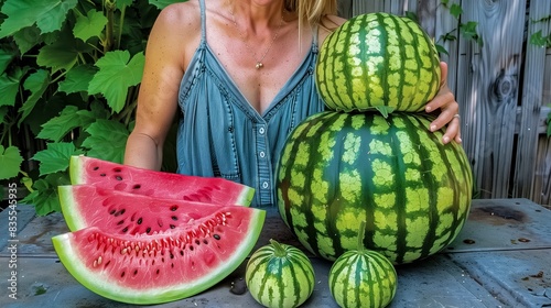 Woman In Blue Dress Holding Two Large Green Watermelons With Sliced Red Watermelon Pieces On Table.