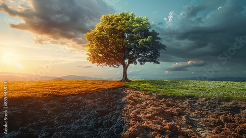 The stark contrast between the green and barren landscapes around a solitary tree symbolizes the effects of climate change photo
