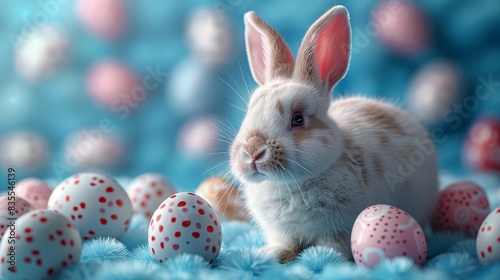 Artistic rendering of a rabbit on a blue textured background with pink and red eggs