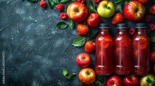 Three bottles of red fruit juice surrounded by apples and berries on a textured background