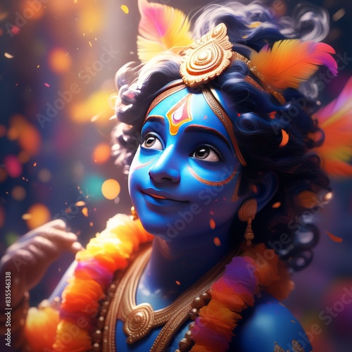 illustration of happy krishna in blue colors with lights. photo