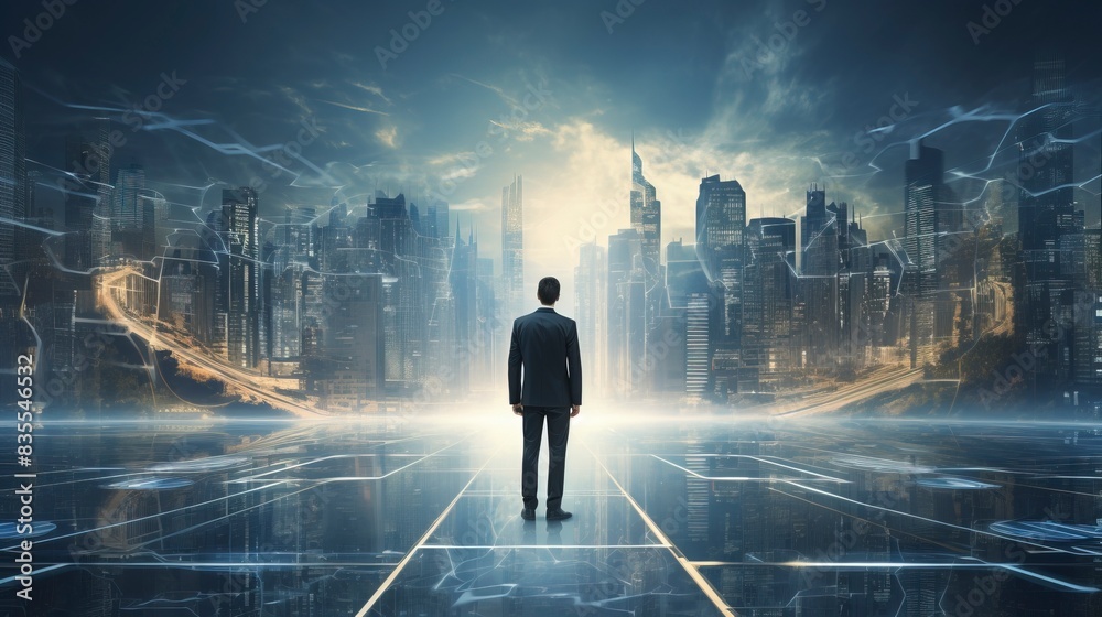Obraz premium Business man on future network city, copy space, generative ai