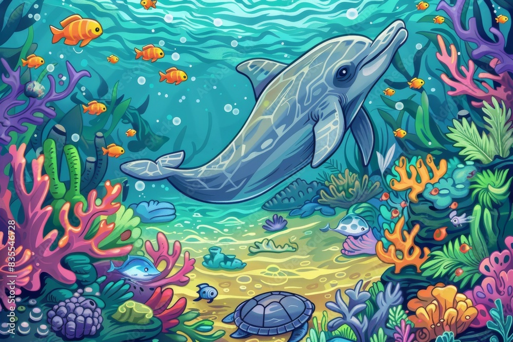Obraz premium Underwater scene with dolphin and corals. cartoon illustration.
