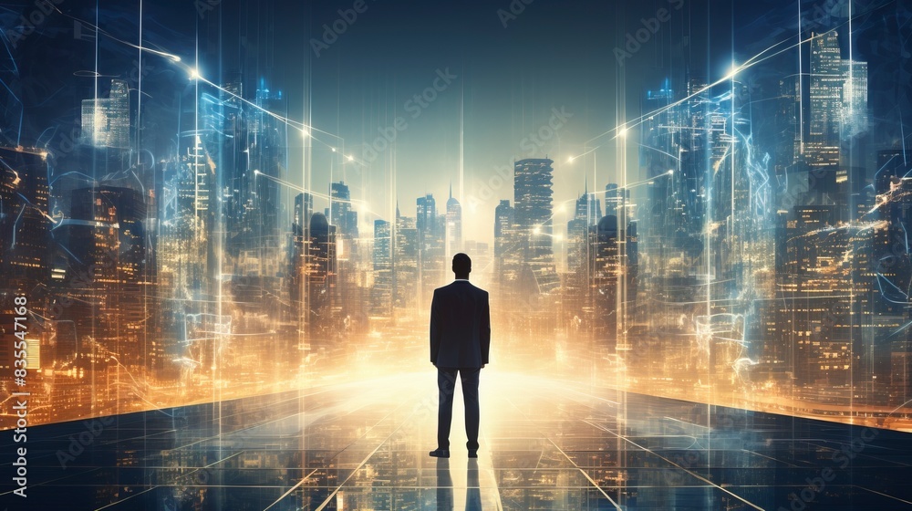 Business man on future network city, copy space, generative ai Business man on future network city, copy space, generative ai