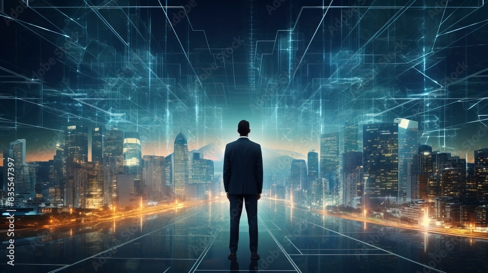 Business man on future network city, copy space, generative ai Business man on future network city, copy space, generative ai