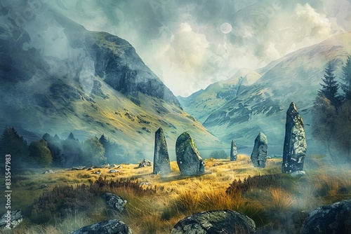 mystical scottish highlands landscape with misty mountains and ancient stone circle timeless beauty and magic atmospheric digital painting photo