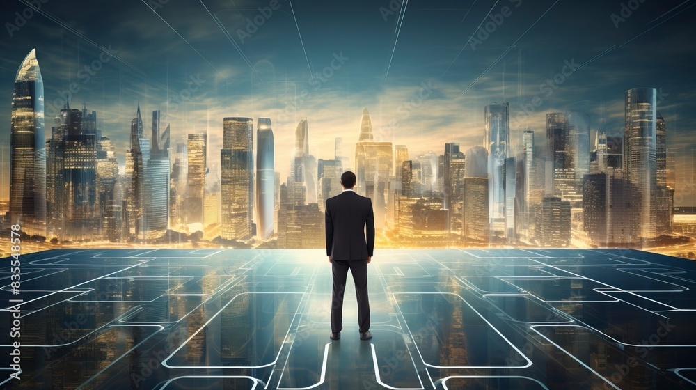 Business man on future network city, copy space, generative ai Business man on future network city, copy space, generative ai