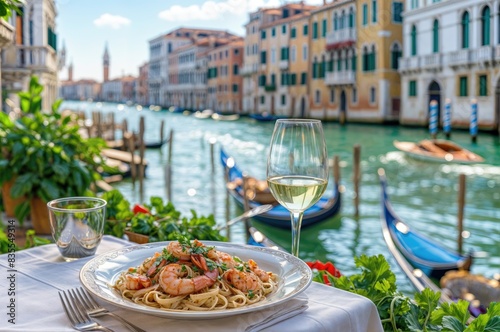 A Taste of Italy: Linguini with Shrimp, a Delectable Italian Dish Served on a Terrace in Venice, Offering a Culinary Experience with Stunning Canal Views.





