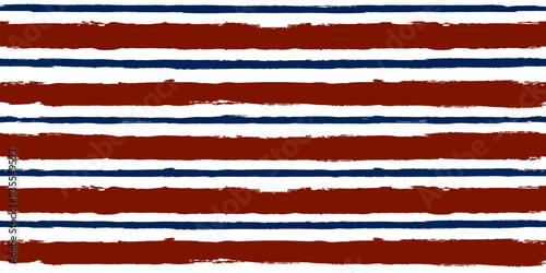 Stripes seamless pattern, red and blue patriotic striped vector background, american watercolor brush strokes. USA colors grunge stripes