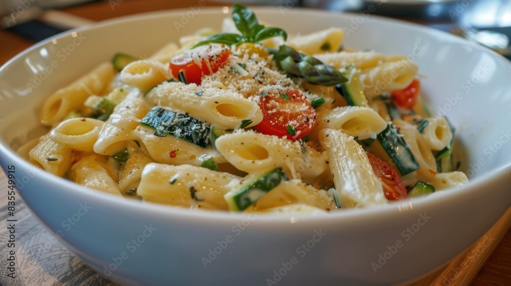 Restaurant pasta menu dish on ceramic plate close up view.