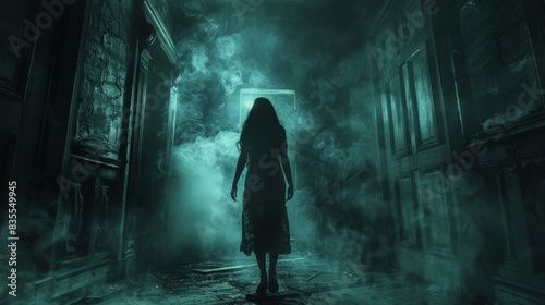 A mysterious figure stands in a fog-filled corridor with a light at the end, evoking a eerie atmosphere