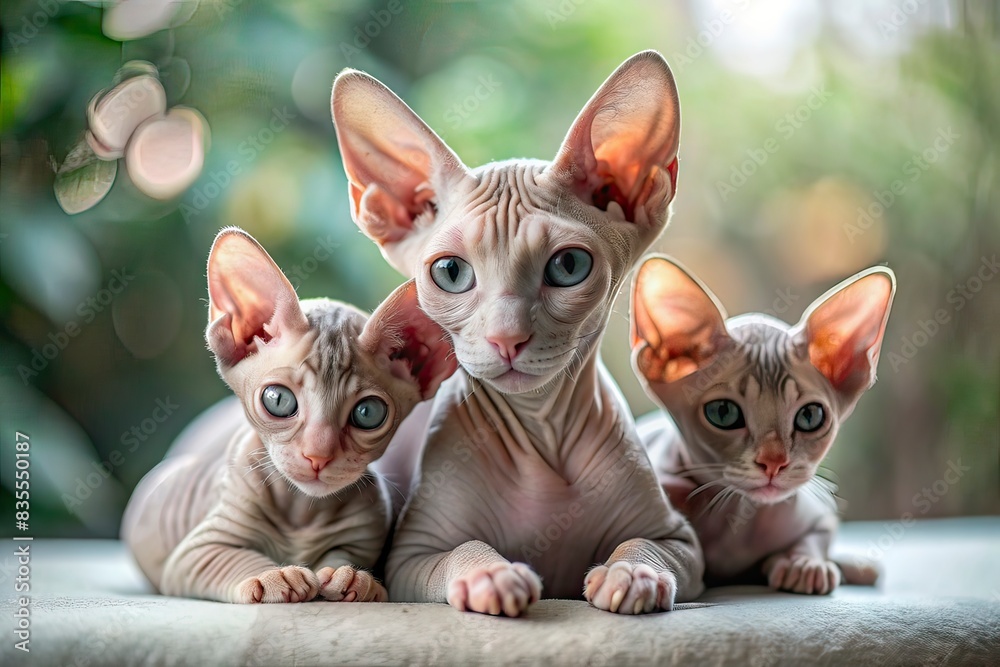 A cat and 2 cute little kittens of Sphynx breed sitting on a blurred background. A cat and 2 cute little kittens of Sphynx breed sitting on a blurred background.