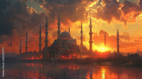 Beautiful Mosque with Golden Domes Reflecting on Water at Sunset