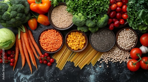 A collection of grains  vegetables  and fruits arranged neatly on a dark background