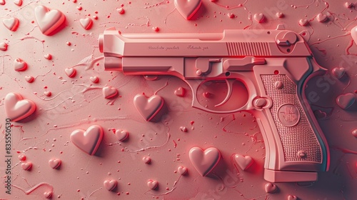 A conceptual artwork featuring a red handgun surrounded by hearts on a red backdrop photo