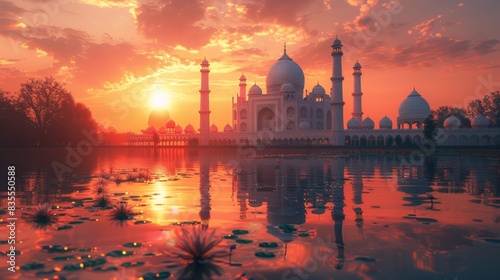 Beautiful Mosque with Golden Domes and Minarets Silhouetted at Sunset
