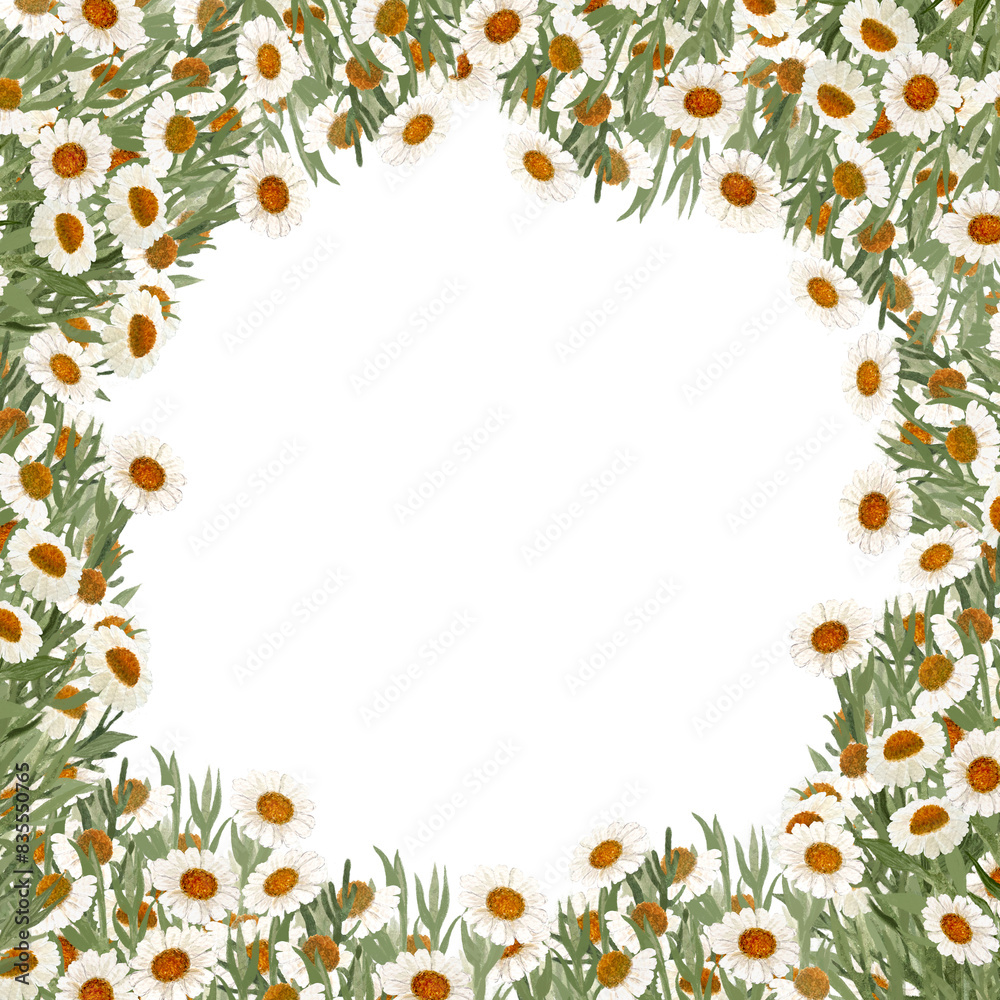 Fototapeta premium Chamomile round frame in watercolor isolated on white. High quality hand painted wild herb illustration for cards, packages, posters, oil infusions, folk medicine recipes and herbal guides design