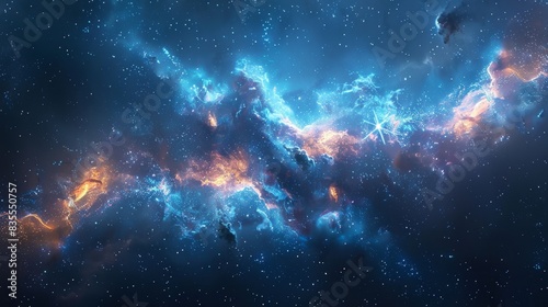 A deep space concept image displaying a vibrant blue nebula with stars and cosmic clouds