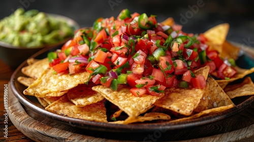 A vibrant and appetizing image of nachos topped with fresh, colorful salsa photo