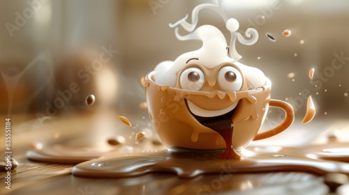 Perky coffee buddy: 3d cute cartoon happy coffee bean character with steam - adding charm to your day with a lovable animated coffee bean, exuding happiness and warmth from a full cup of joe. photo
