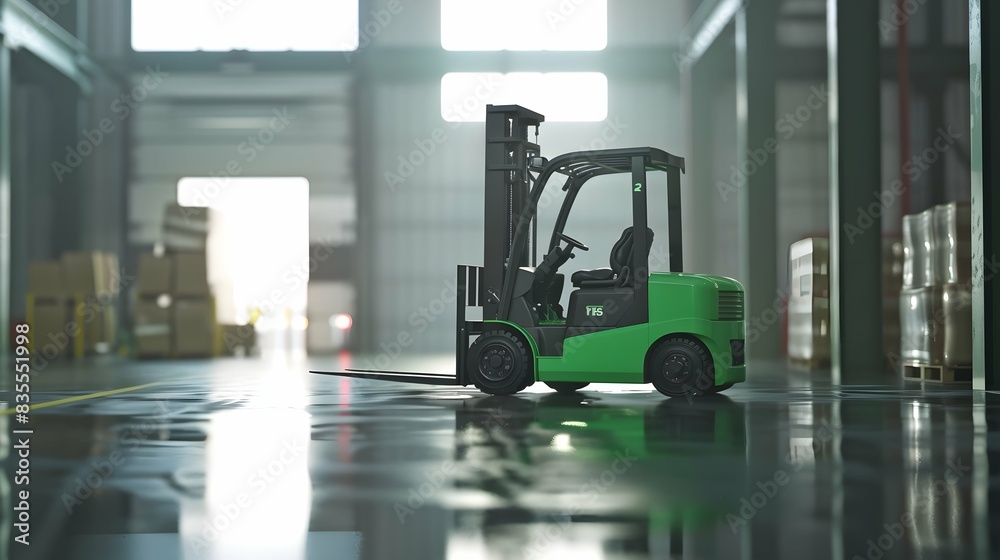 Green forklift parked in warehouse, material handling equipment on glossy floor. Storage concept