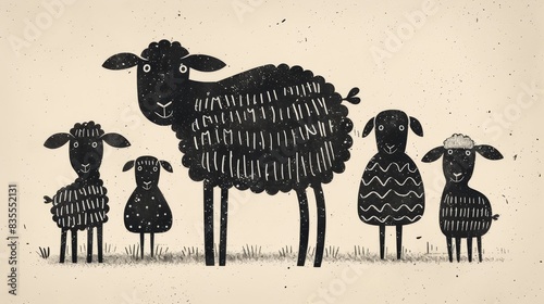 Illustration of Minimalistic Doodle of Cute Black Sheep Family, Simple Hand-Drawn Art