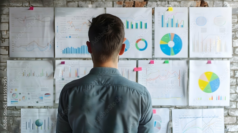 A man analyzing diagrams and charts on a wall, concept of business analysis, indoor office setting A man analyzing diagrams and charts on a wall, concept of business analysis, indoor office setting
