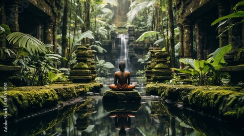 A solo traveler meditating at a tranquil temple in Bali, surrounded by lush   photo
