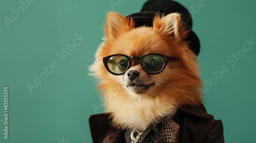Fashionable Pomeranian dog disguised as a stylish model, dressed classy. © Passtudio