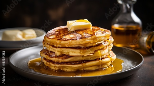 A stack of fluffy pancakes topped with maple syrup and a pat of melting butter 