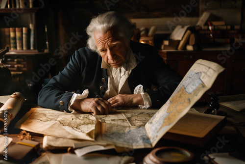 1700's cartographer looking at maps thoughtfully photo