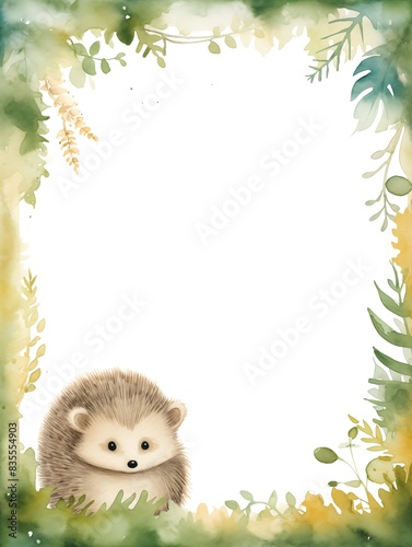 wallpaper frame leaves tropical forest Hedgehog and  drawing vintage background	 (ID: 835554903)
