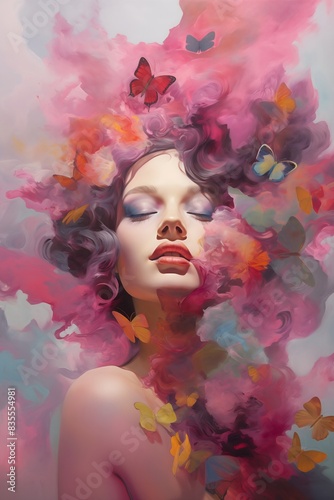 abstract painting, portrait of a dreamy girl surrounded by a cloud of butterflies with a rainbow and pink balloon, used as a wall painting (ID: 835554981)