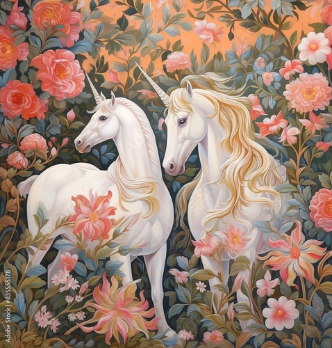 unicorn in the forest surrounded by flowers, roses and plants in an enchanting atmosphere (ID: 835555178)